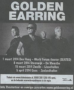 Golden Earring show promotional ad Telegraaf newspaper February 13, 2014